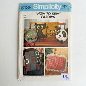 Vtg Simplicity 8138 Animal Pillow Pattern Panda Cat Lion Owl Tic-Tac-Toe UNCUT